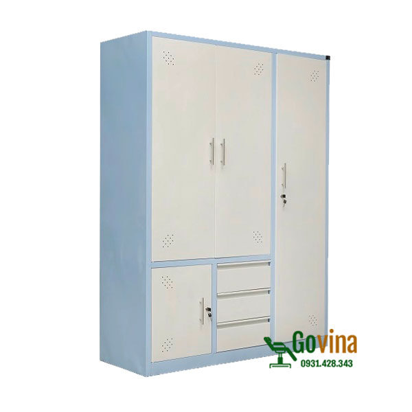 tủ sắt quần áo 3 buồng có ngăn kéo màu xanh